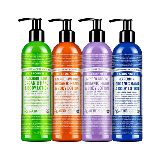 Dr. Bronner's Organic Lotion peppermint bottle in the variety pack boosts refreshing hydration for dry skin.