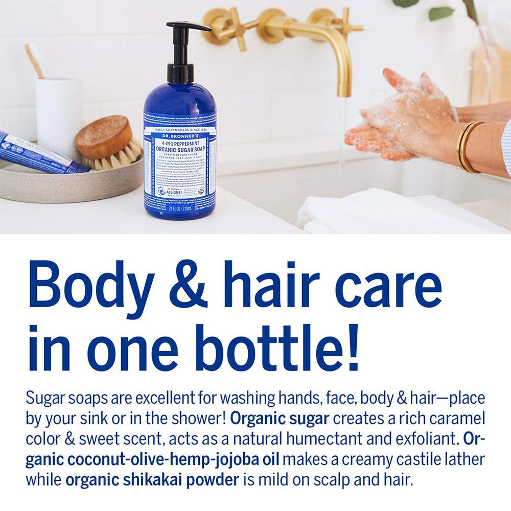 Dr. Bronner's Sugar Soap lathers nicely on hands for quick cleansing.