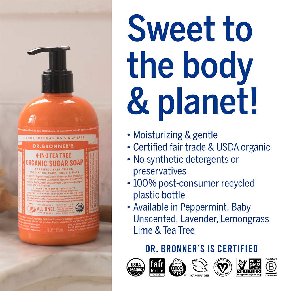 Dr. Bronner's Sugar Soap in a shower scene for full-body wash.