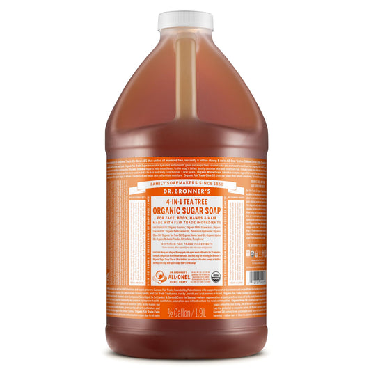 Dr. Bronner's Organic Sugar Soap Tea Tree 64oz bottle with silky lather