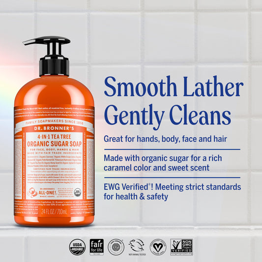 Dr. Bronner's Tea Tree Sugar Soap lathers in palms for refreshing cleanse