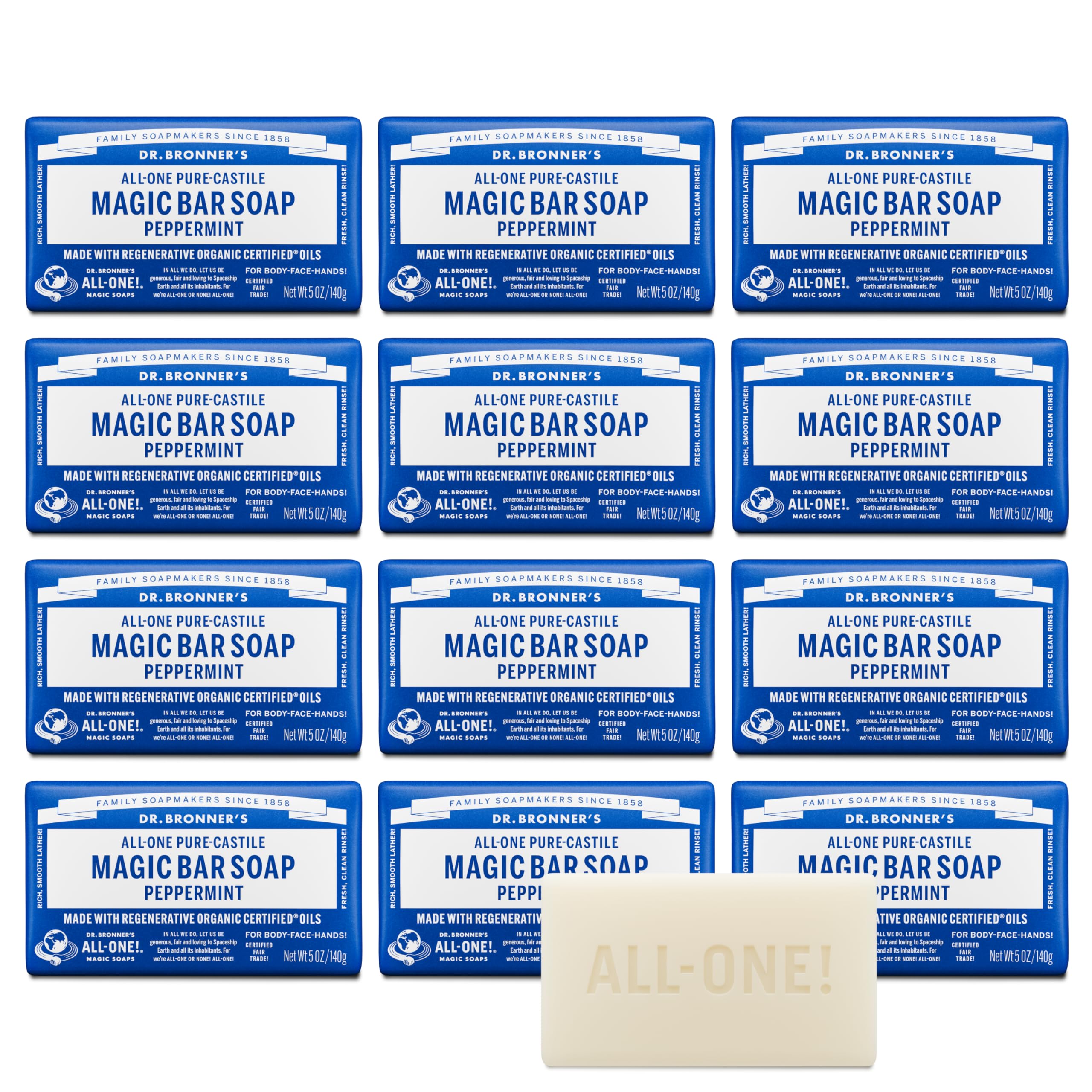 Dr. Bronner's peppermint bar lather delivers refreshing cleansing for skin and hair.