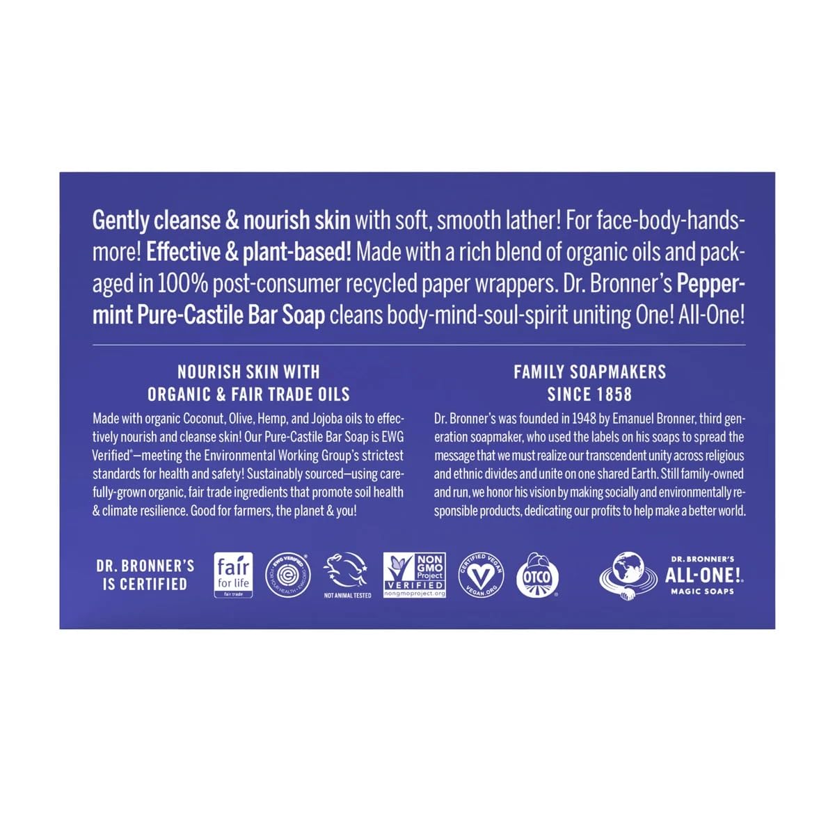 Dr. Bronner's peppermint bar soap close-up shows rich texture for daily wash.