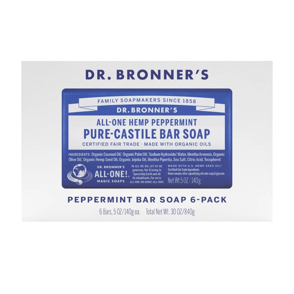 Dr. Bronner's peppermint bar soap ready for hand and body use with natural oils.