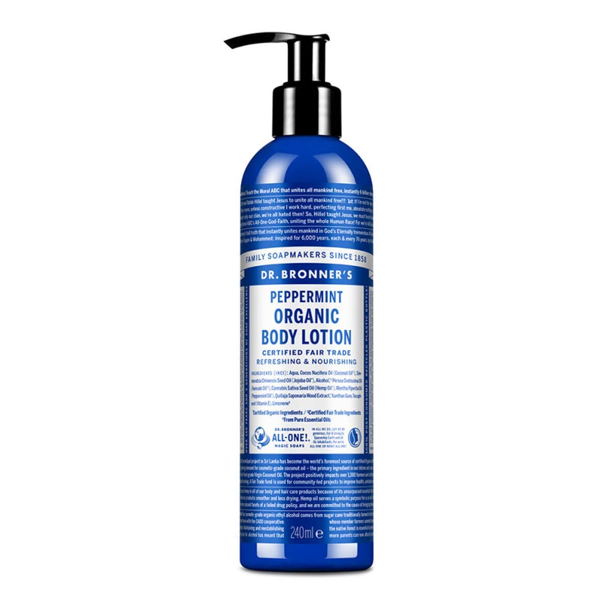 Dr. Bronner's Peppermint Lotion bottle close-up for refreshing hydration.
