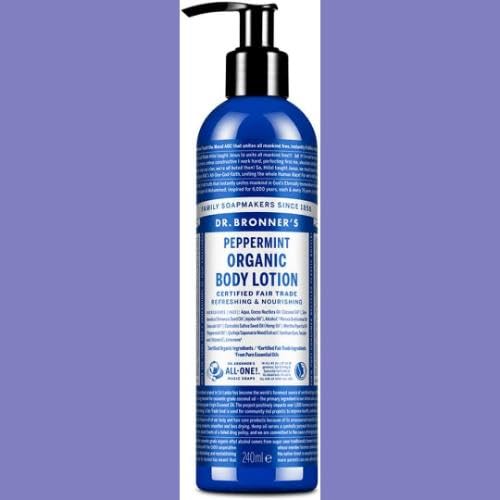 Dr. Bronner's Peppermint Lotion recycled bottle packaging highlights sustainability benefits.