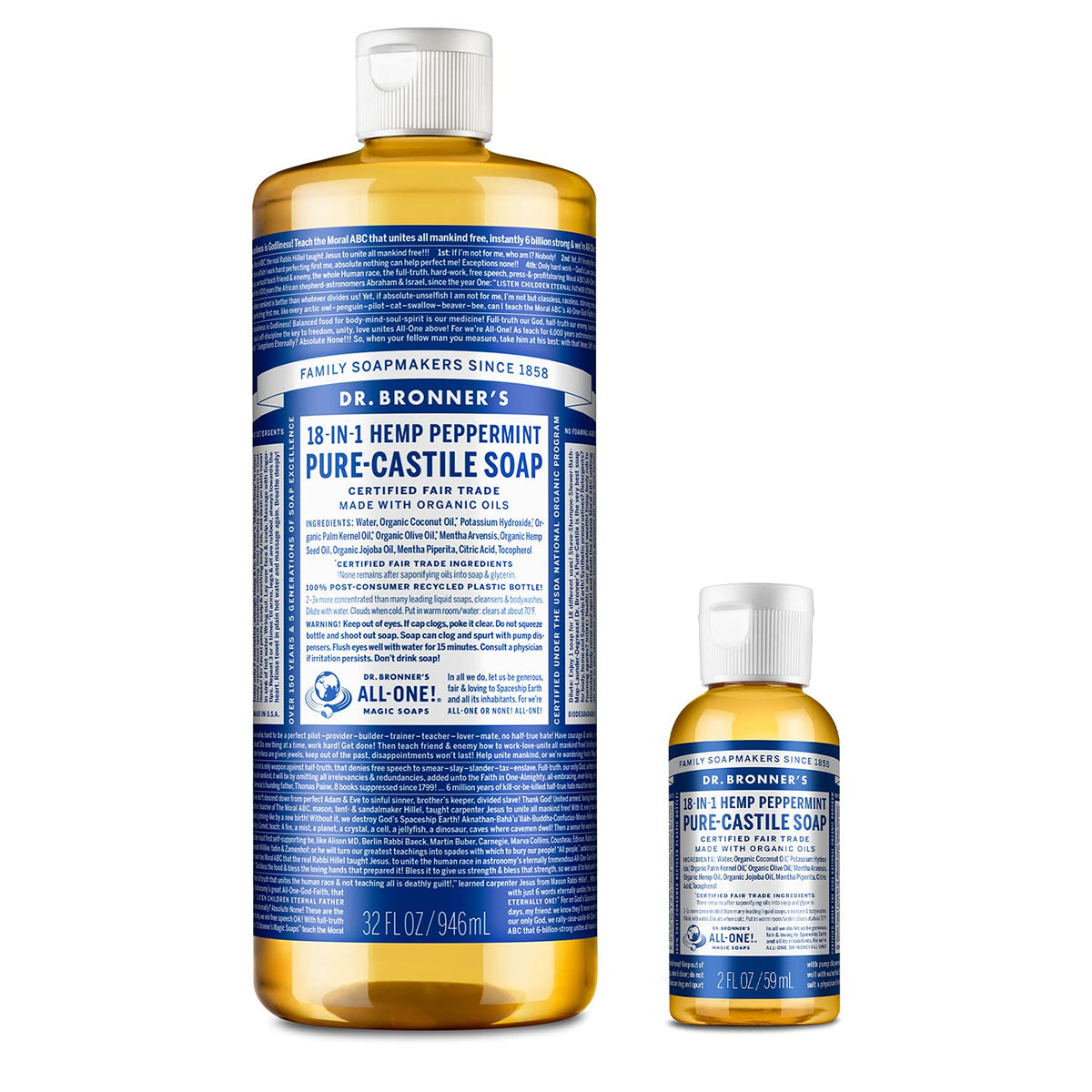 Dr. Bronner's peppermint Pure-Castile bottle 32oz for versatile cleaning.