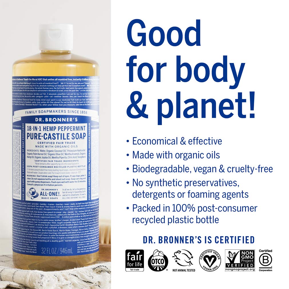 Dr. Bronner's peppermint Pure-Castile bubbles for skin, dishes, and more.