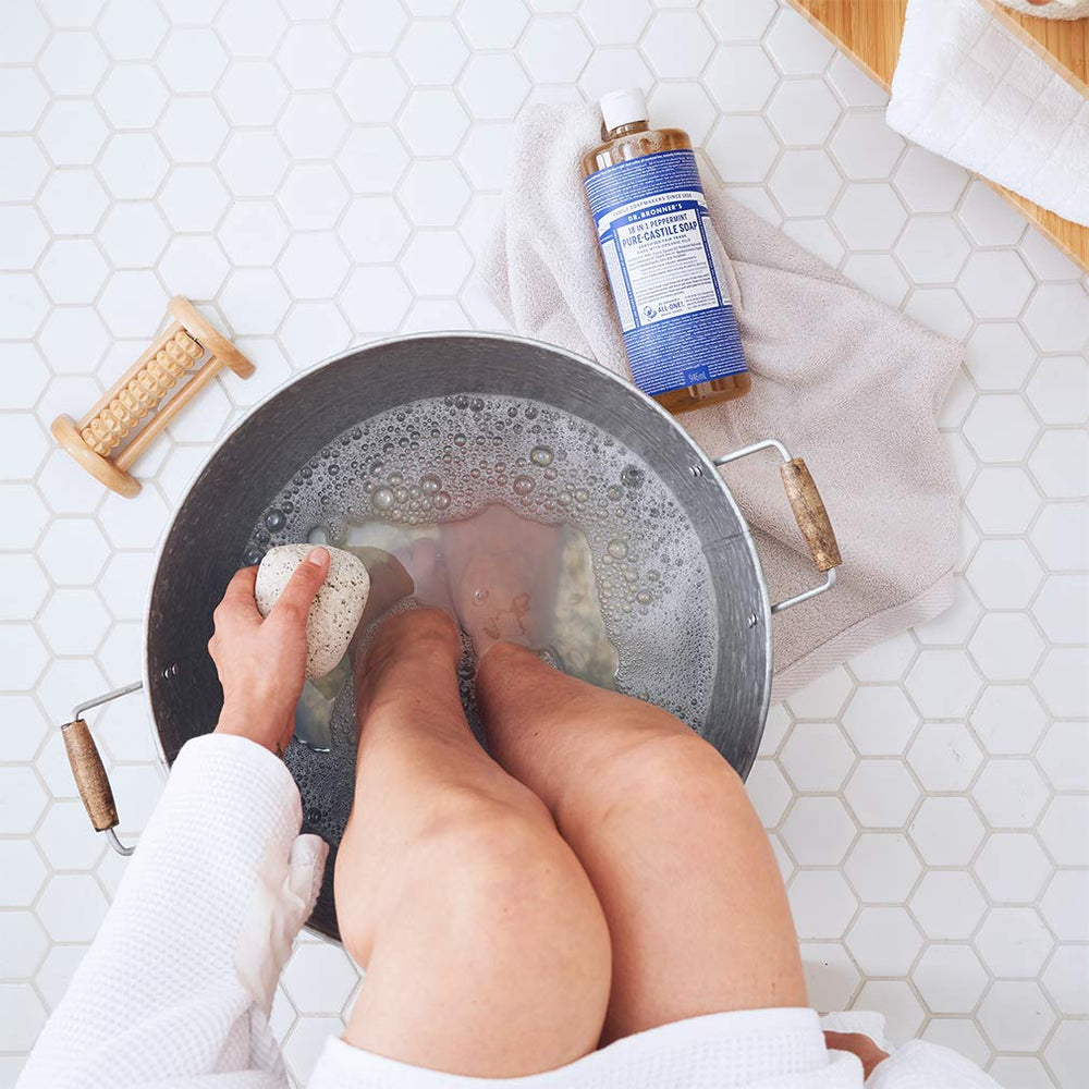 Dr. Bronner's peppermint Pure-Castile label closeup showing organic ingredients.