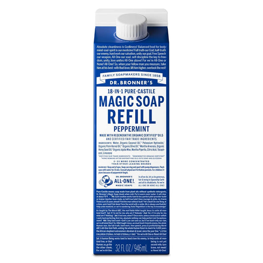 Dr. Bronner's Peppermint Pure-Castile refill bottle for face, body, and home cleaning.
