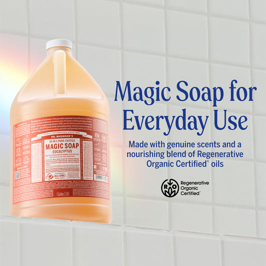 Dr. Bronner's packaging uses post-consumer plastic, supporting sustainable packaging choices
