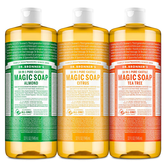 Dr. Bronner's Pure-Castile Almond bottle displaying gentle cleansing aroma