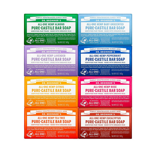 Dr. Bronner's Almond Pure-Castile Bar soap with rich lather for face and body