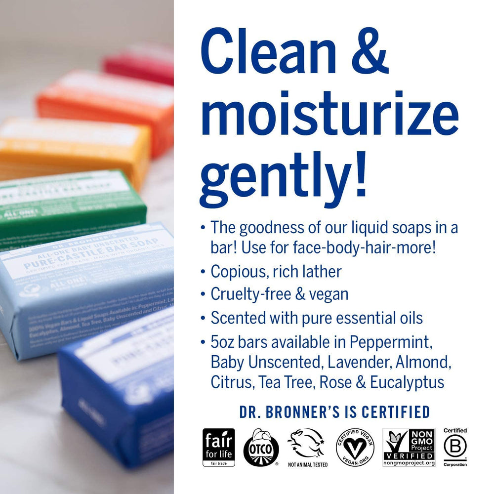 Dr. Bronner's Citrus Pure-Castile Bar soap with bright aroma and clean rinse