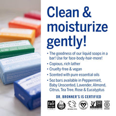 Dr. Bronner's Citrus Pure-Castile Bar soap with bright aroma and clean rinse