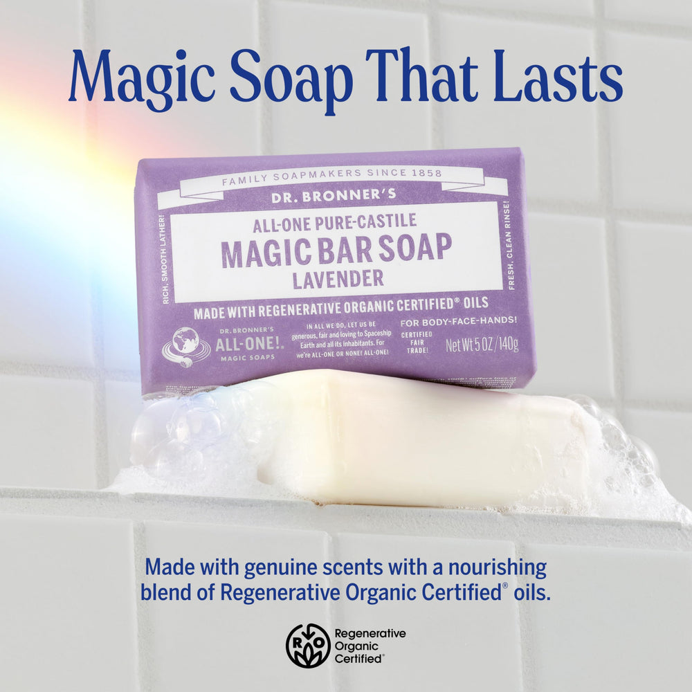 Dr. Bronner's lavender bar provides soothing aroma and cleansing