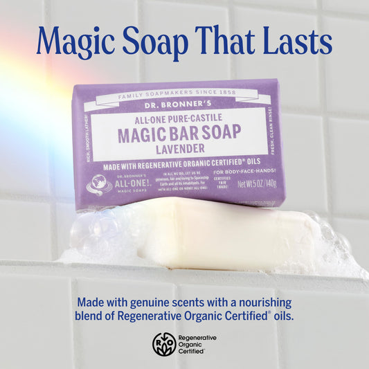 Dr. Bronner's lavender bar provides soothing aroma and cleansing