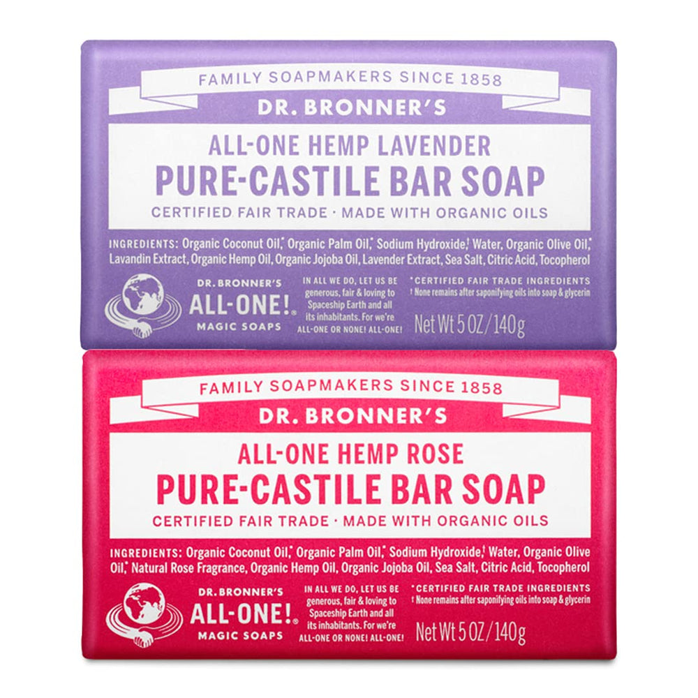 Dr. Bronner's Rose Pure-Castile bar soap two-pack for gentle facial cleansing.