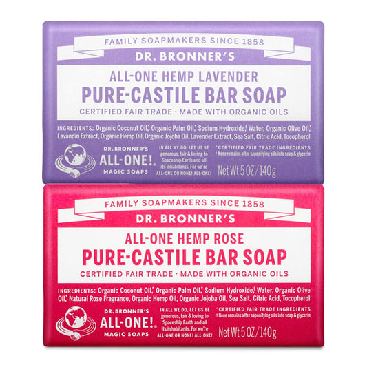 Dr. Bronner's Rose Pure-Castile bar soap two-pack for gentle facial cleansing.