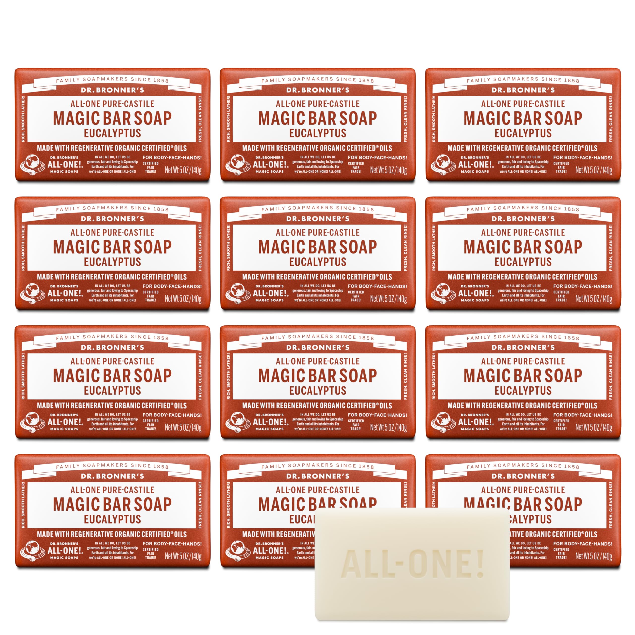 Dr. Bronner's Pure-Castile eucalyptus bar close-up showing rich lather for skin.