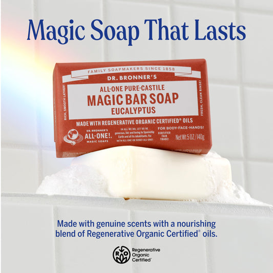 Dr. Bronner's eucalyptus magic bar lather on skin for cleansing.