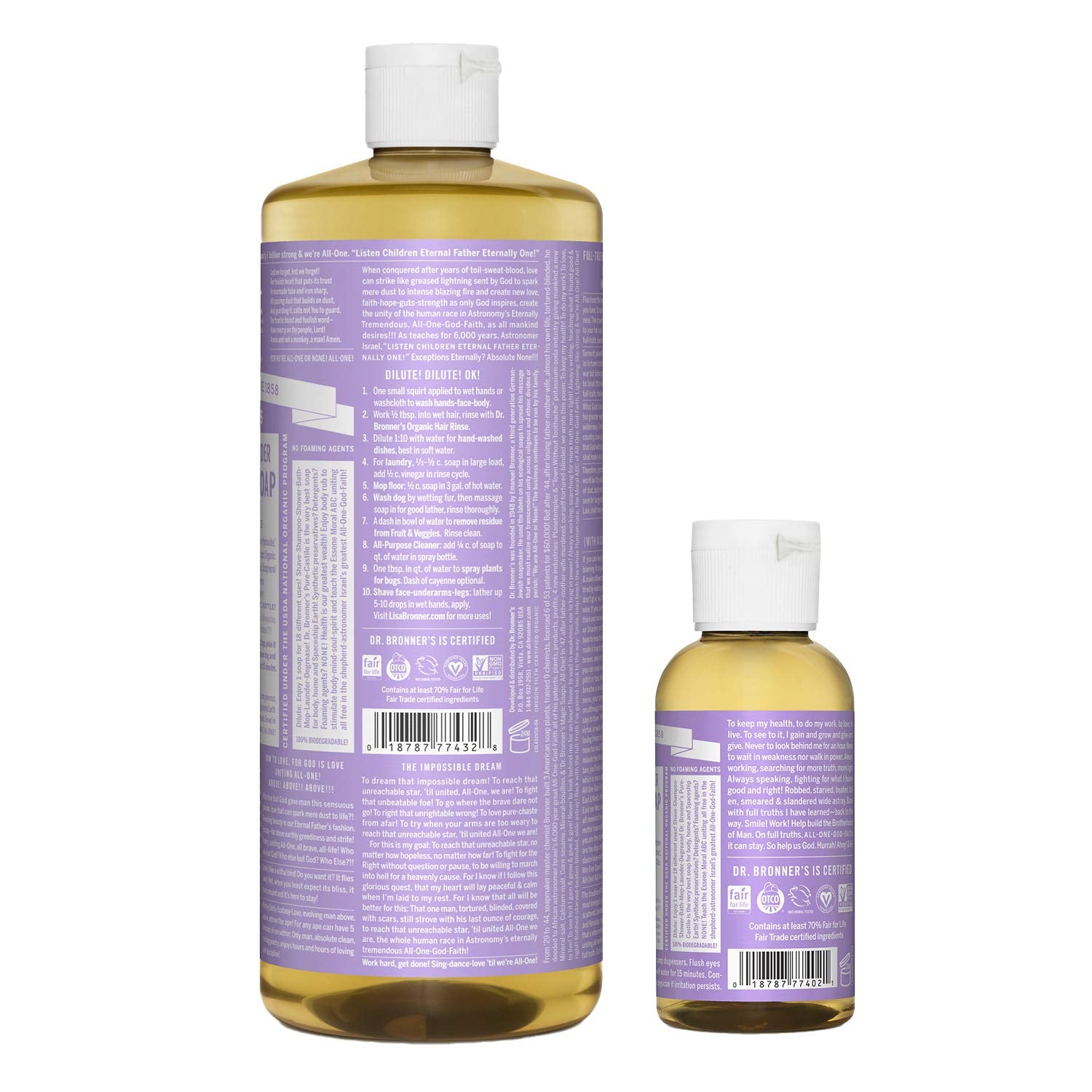 Dr. Bronner's Lavender travel bottle, convenient for on-the-go cleaning and care