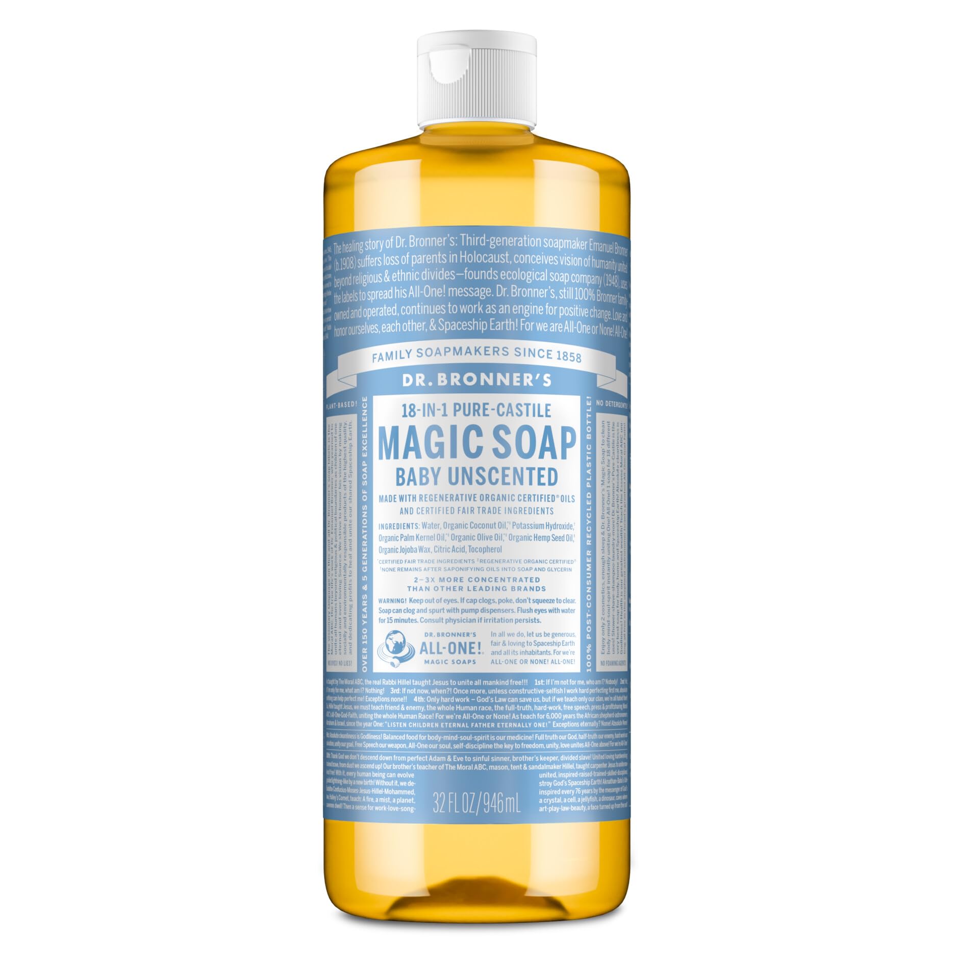 Dr. Bronner's Pure-Castile soap bottle pours, showcasing versatile, eco-friendly cleaning potential.