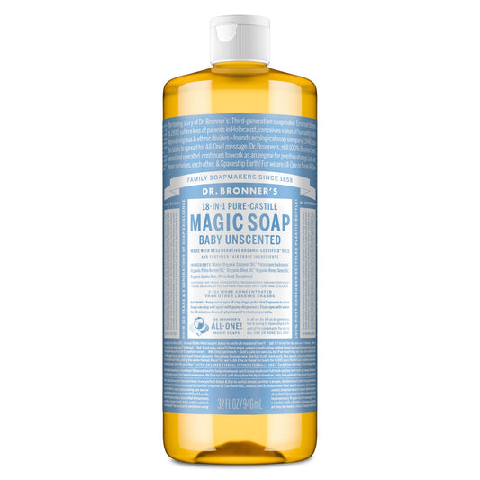 Dr. Bronner's Pure-Castile soap bottle pours, showcasing versatile, eco-friendly cleaning potential.