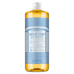 Dr. Bronner's Pure-Castile soap bottle pours, showcasing versatile, eco-friendly cleaning potential.