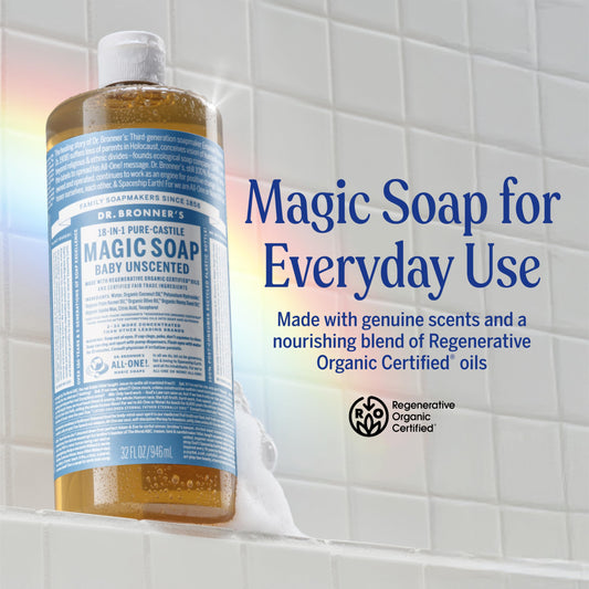 Dr. Bronner's Pure-Castile soap lathers richly for refreshing skin cleansing.