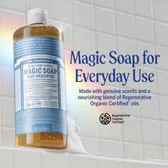 Dr. Bronner's Pure-Castile soap lathers richly for refreshing skin cleansing.