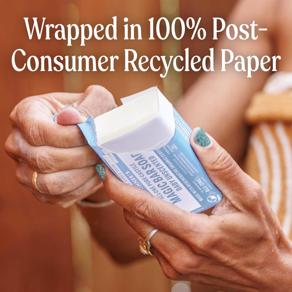 Post-consumer recycled wrapper packaging for Dr. Bronner's bar