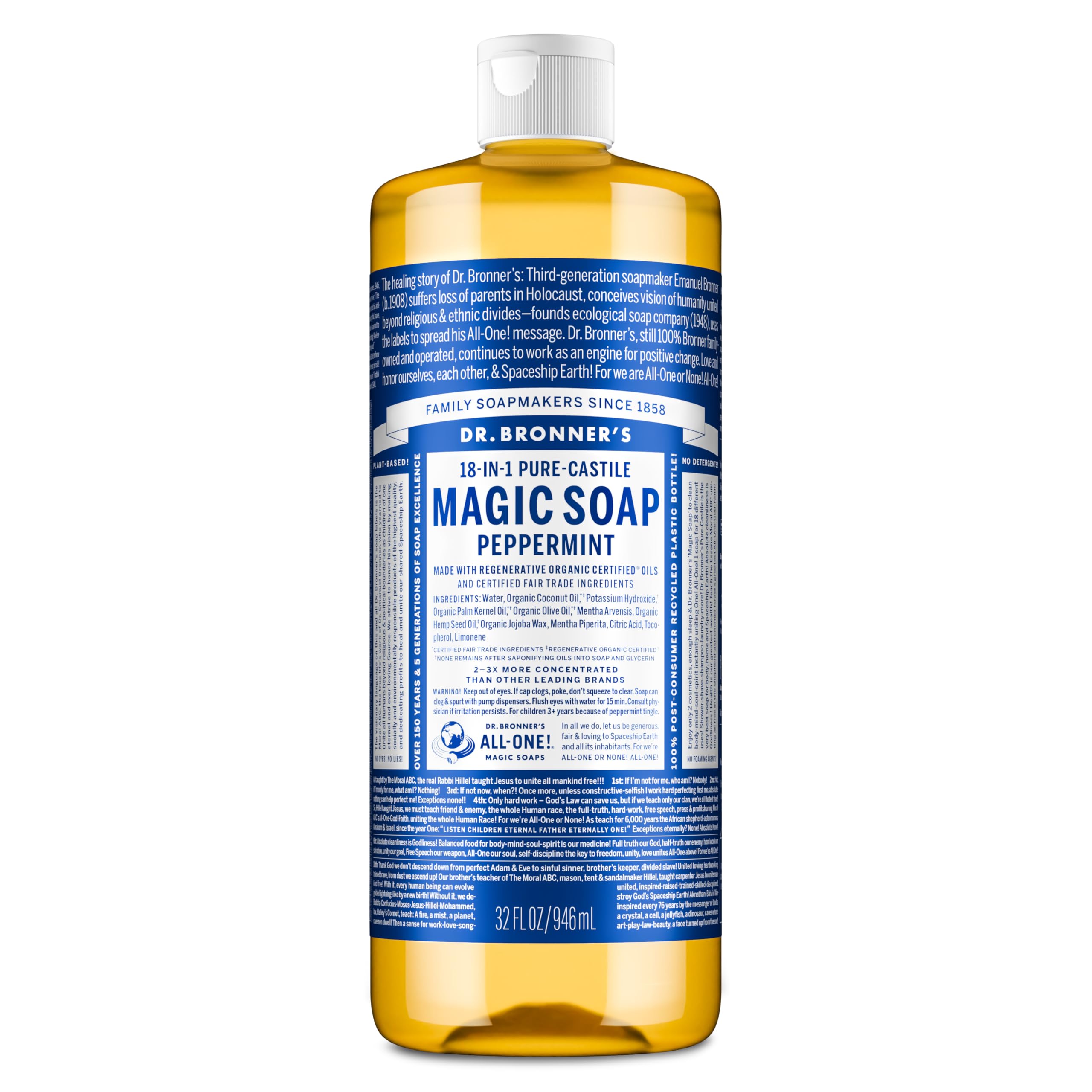 Dr. Bronner's Pure-Castile soap bottle pour for versatile uses