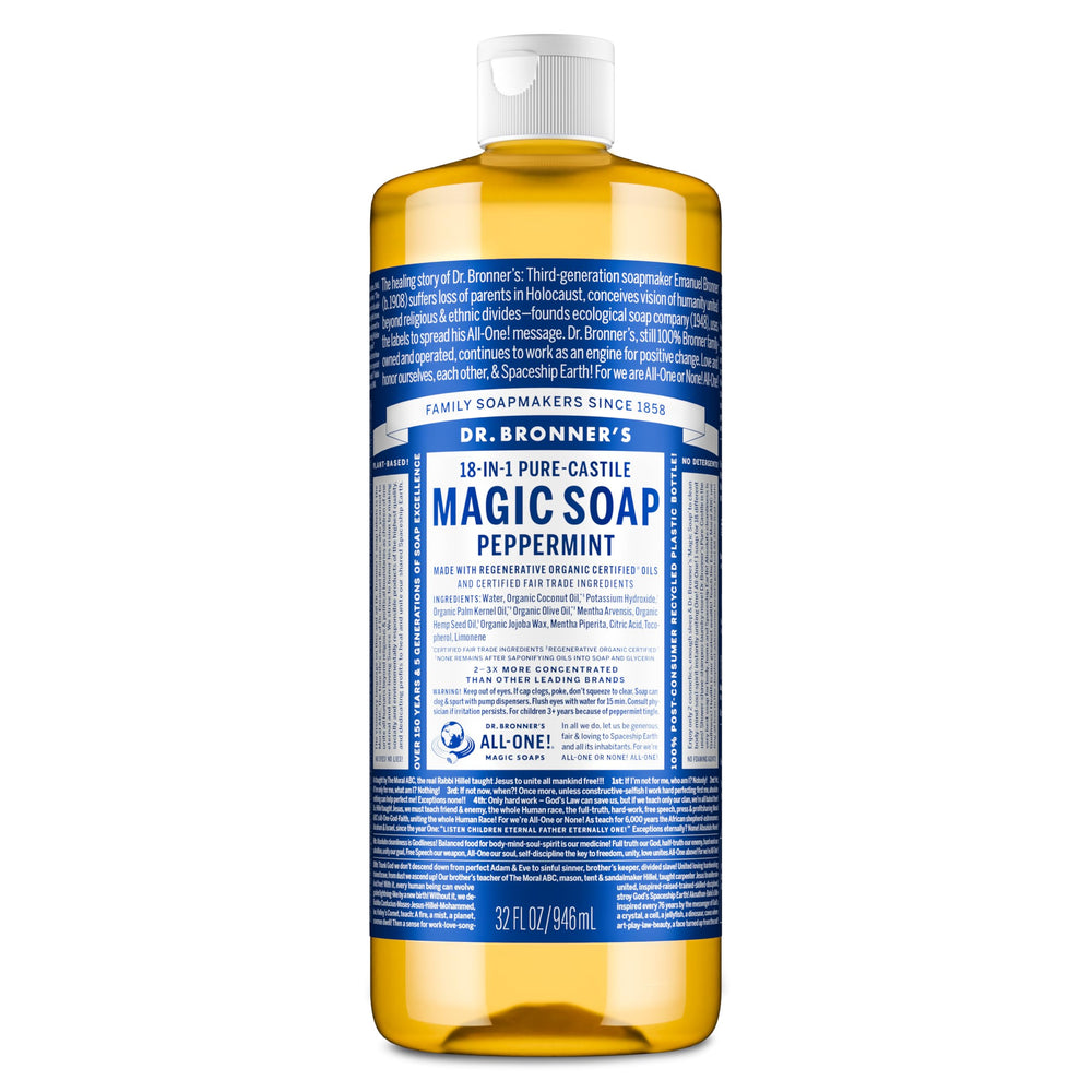 Dr. Bronner's Pure-Castile soap bottle pour for versatile uses