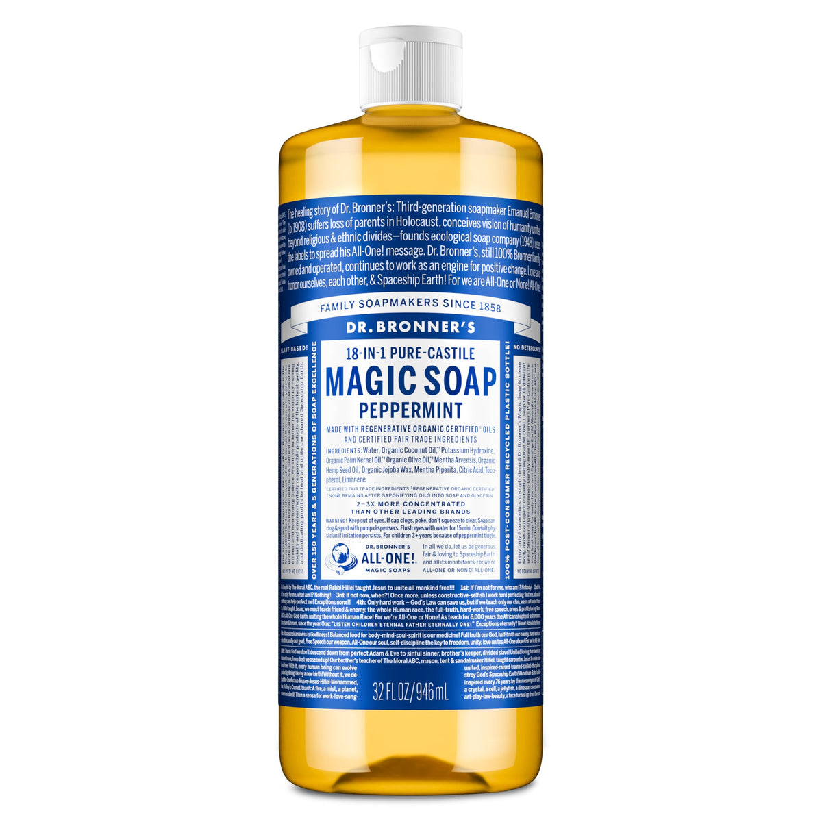 Dr. Bronner's Pure-Castile soap bottle pour for versatile uses