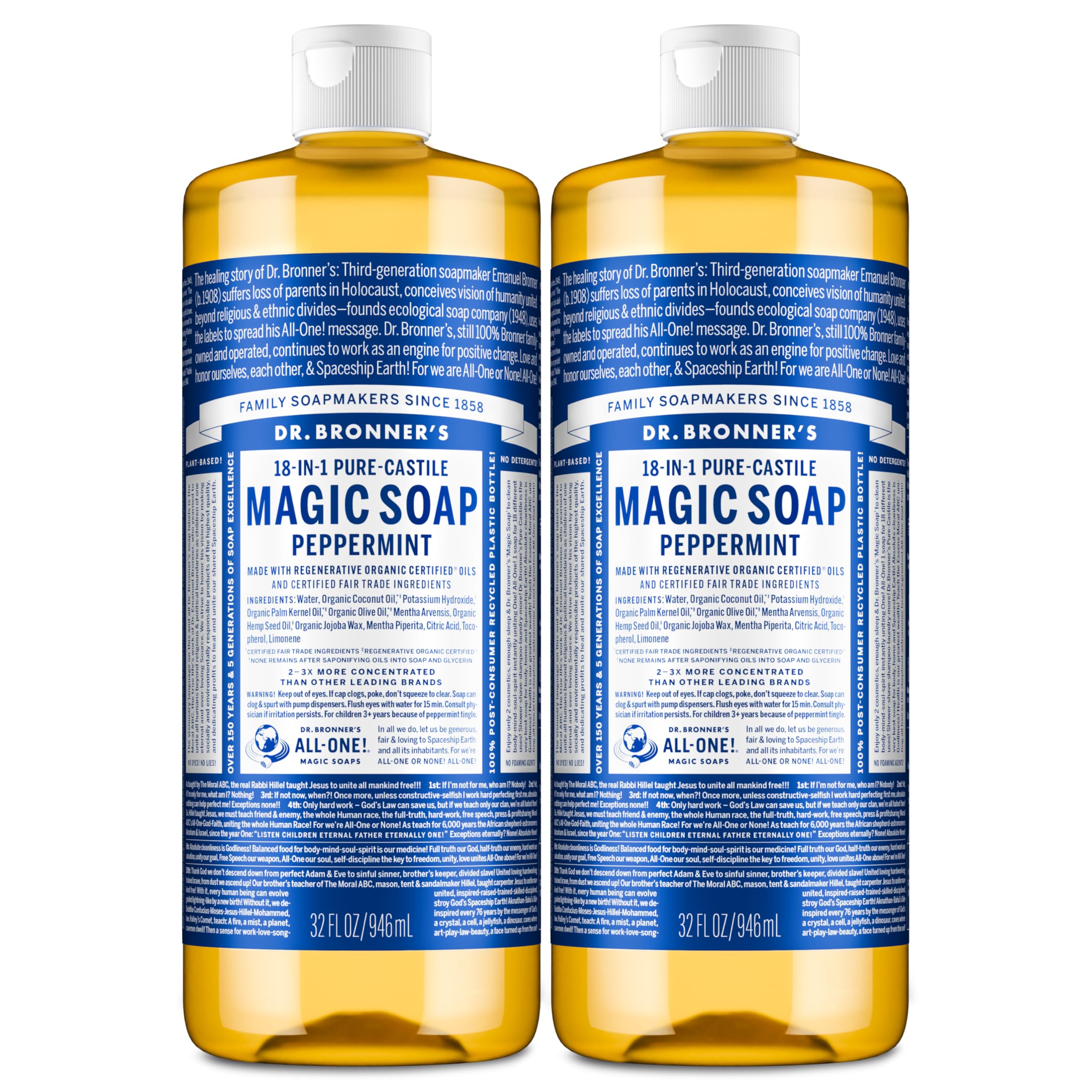 Dr. Bronner's Peppermint Pure-Castile soap bottle pours for versatile cleaning.