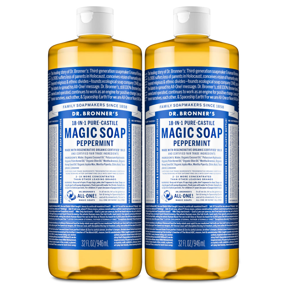 Dr. Bronner's Peppermint Pure-Castile soap bottle pours for versatile cleaning.