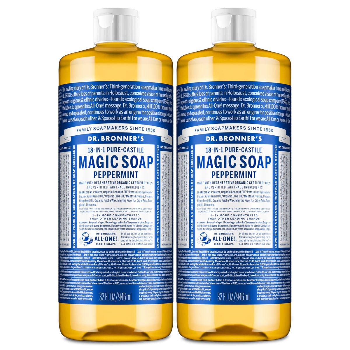 Dr. Bronner's Peppermint Pure-Castile soap bottle pours for versatile cleaning.