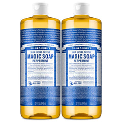 Dr. Bronner's Peppermint Pure-Castile soap bottle pours for versatile cleaning.