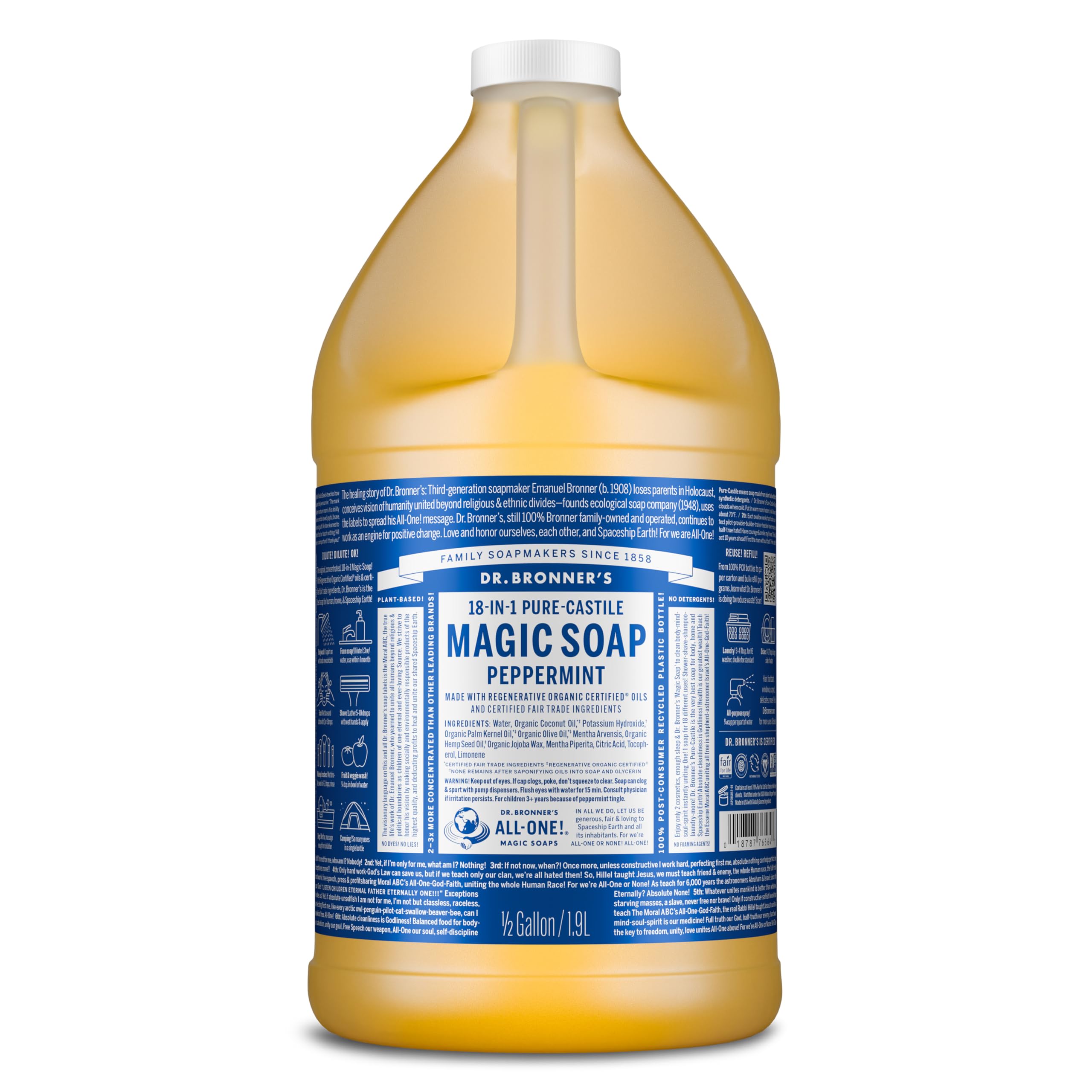 Dr. Bronner's Pure-Castile Peppermint 64 oz bottle with rich cleansing action