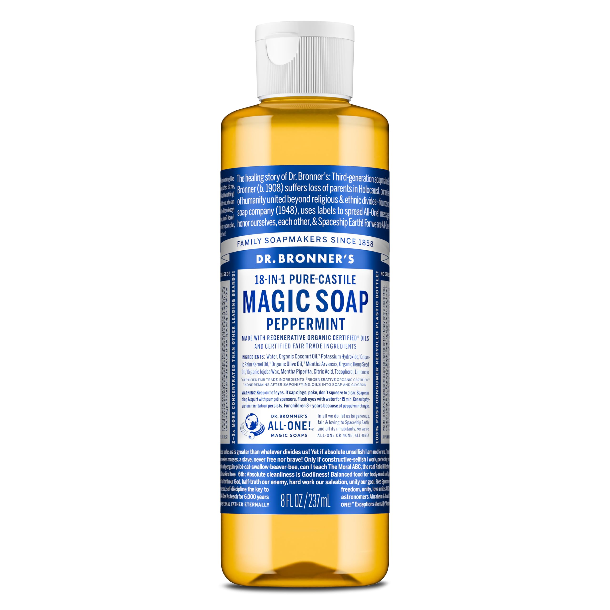 Dr. Bronner's Peppermint Pure-Castile bottle pour shows refreshing, concentrated lather