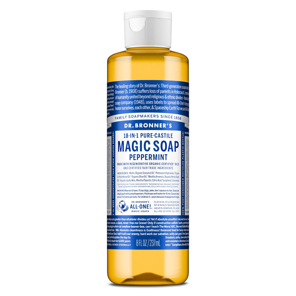 Dr. Bronner's Peppermint Pure-Castile bottle pour shows refreshing, concentrated lather