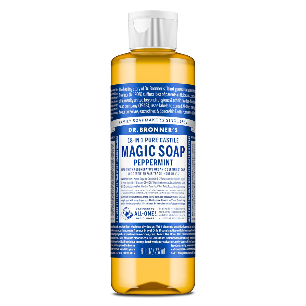 Dr. Bronner's Peppermint Pure-Castile bottle pour shows refreshing, concentrated lather
