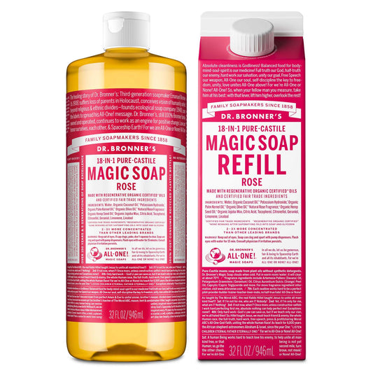 Dr. Bronner's Pure-Castile Rose bottle with rich lather for body and face cleansing.