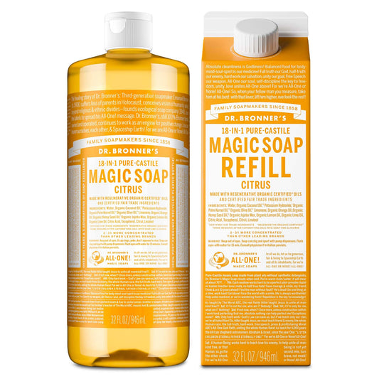 Dr Bronner's citrus castile lather demonstrates rich foam for body, face, and hair