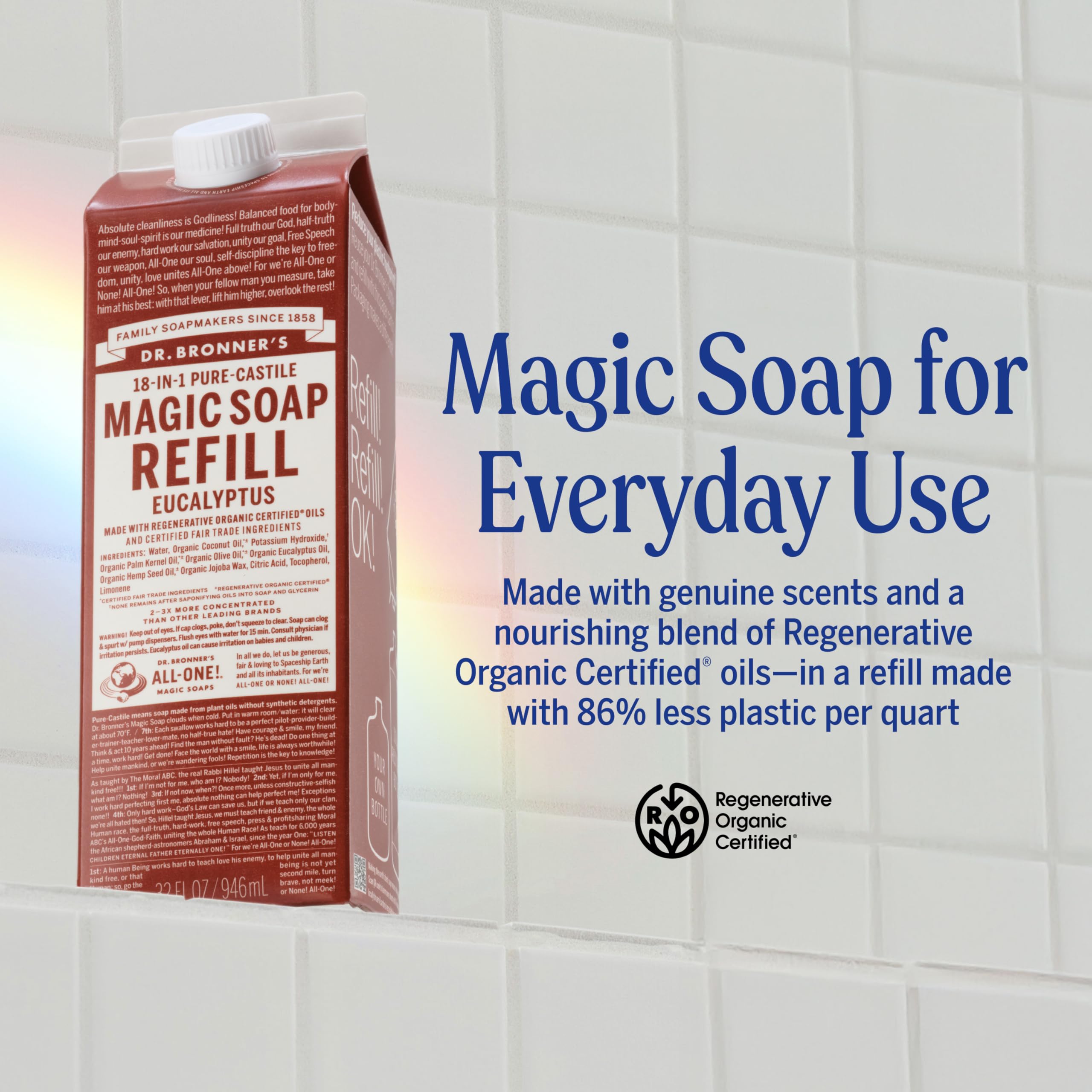 Dr. Bronner's pure-castile soap lather close-up shows rich, rinse-clean skin care