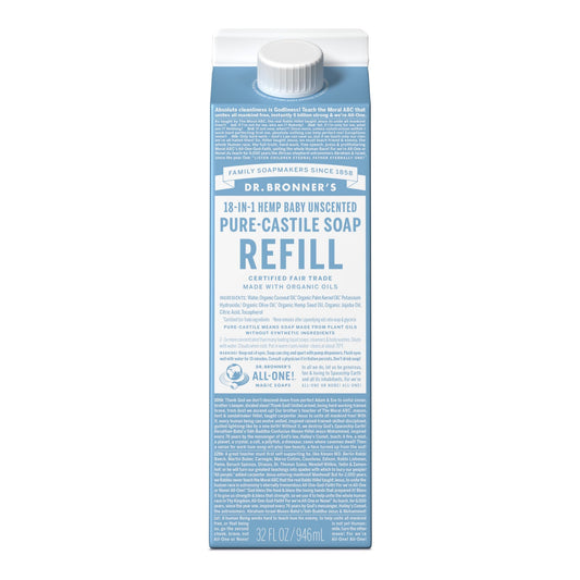 Dr. Bronner's Pure-Castile soap refill bottle, 32oz, baby unscented, versatile cleaning.