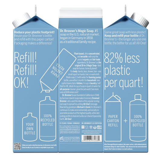 Dr. Bronner's refill carton shows 86 percent plastic reduction for eco friendly home cleaning.