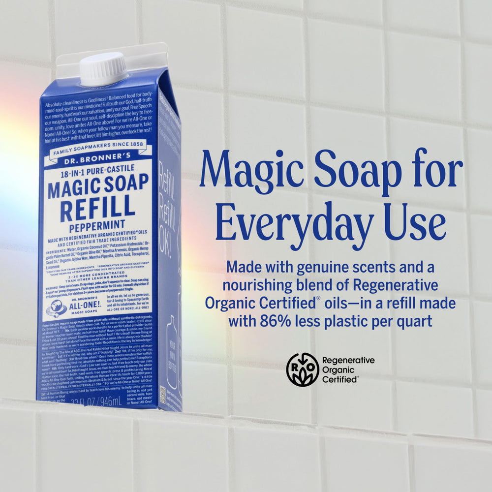 Dr. Bronner's refill carton with 86% less plastic for sustainable packaging.