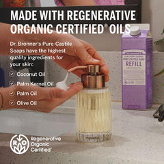 Dr. Bronner's regenerative organic oils label highlights sustainable ingredients.
